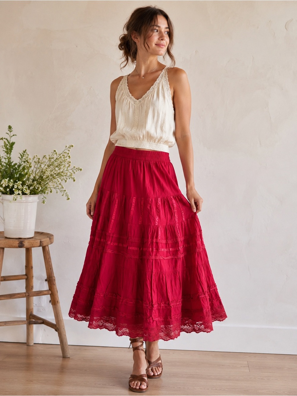Coldwater Creek‎ Cotton Lace Trim Tiered Midi Skirt XL Boho Cottagecore Prairie